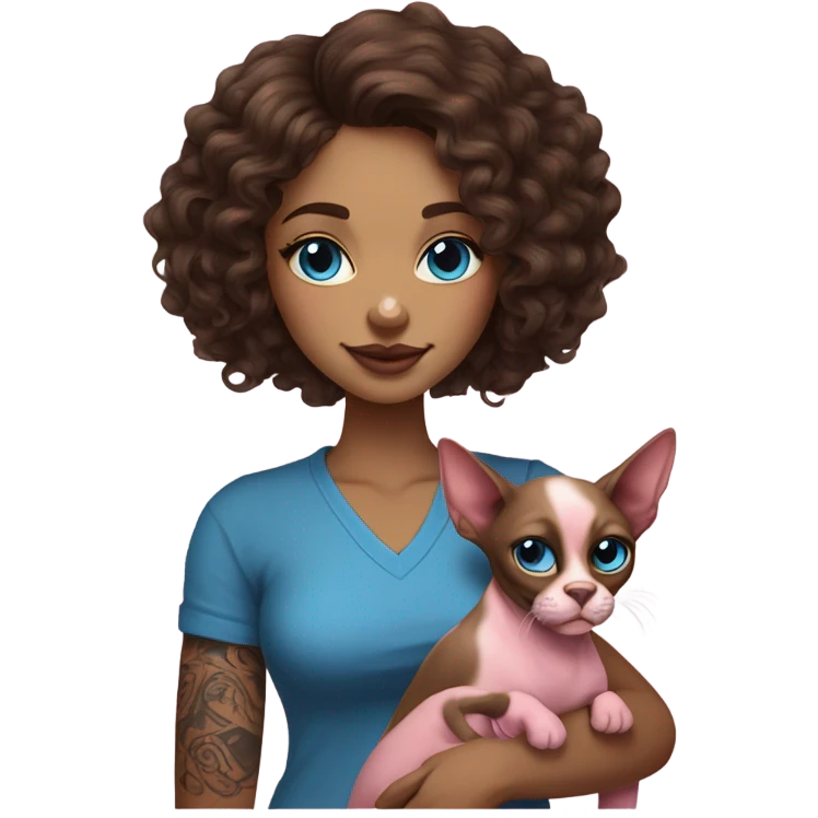 Beautiful tattooed curly dark brown haired woman holding a boxer dog and  pink sphinx cat with blue eyes emoji