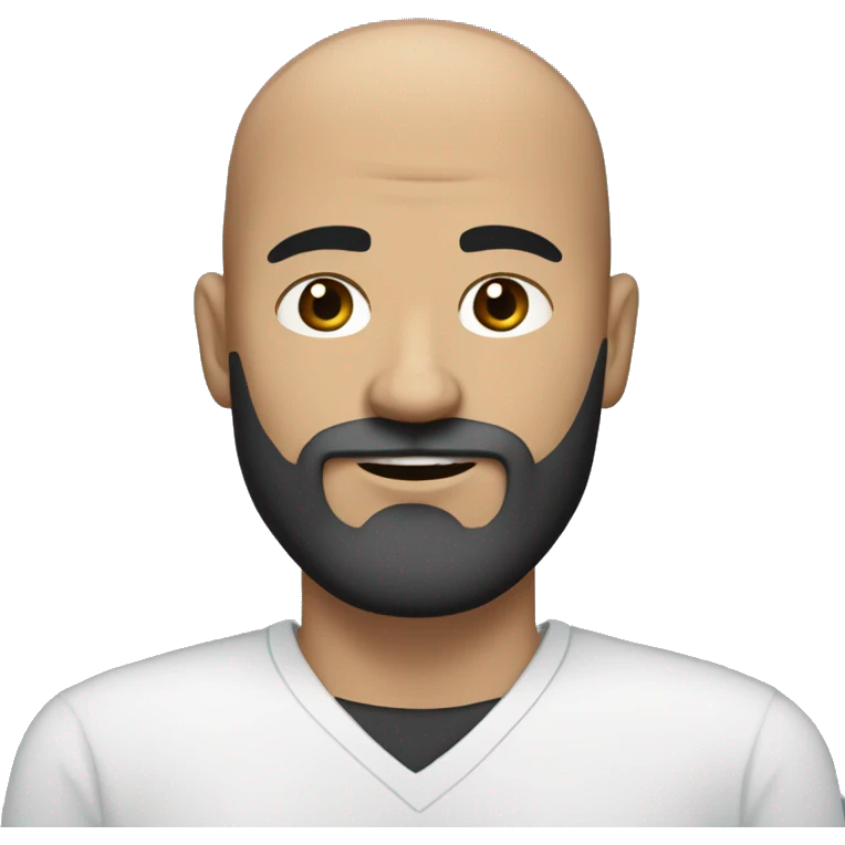 white man, with olive skin, a full black beard with some grays, bald, strong eyebrows, dark-brown eyes, smirk emoji