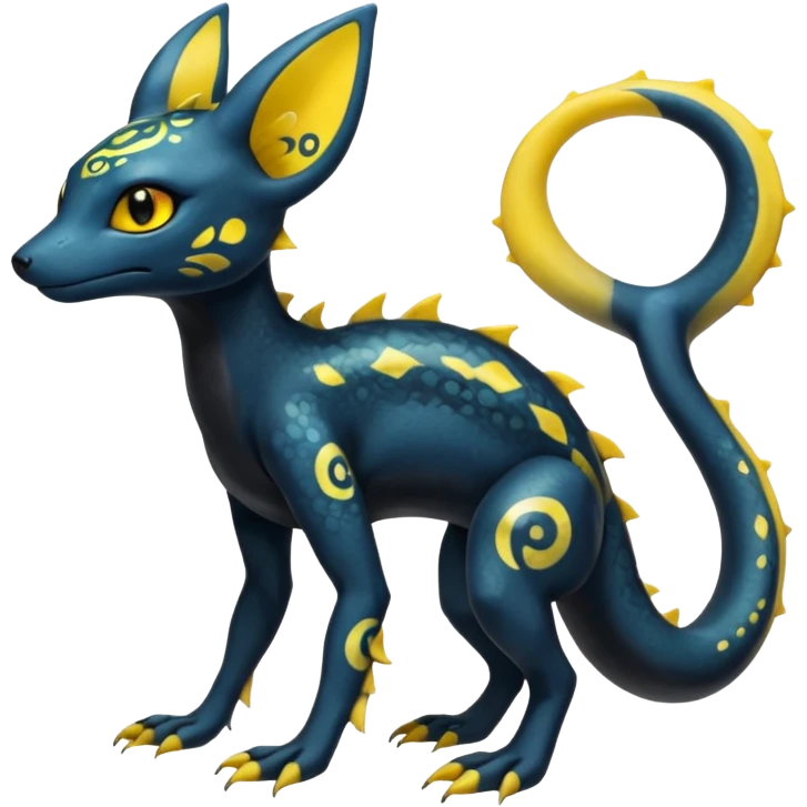 L Scaley Exotic Salandit-Aurorus-Umbreon-Fakémon-hybrid-creature (full body), 4 legs, with splash markings, with intricate details emoji
