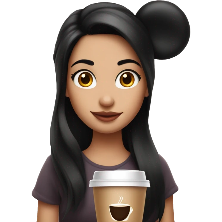 Dark haired girl with Minnie Mouse ears and a coffee emoji