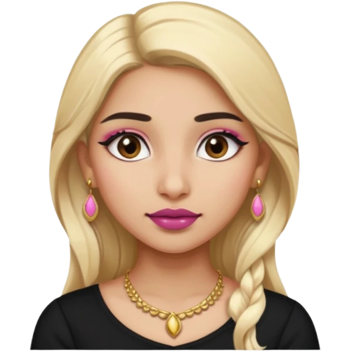 Sweet Indian girl blond long hair darkbrow  eyes brown/pink lipstick blush, black top gold earrings brown eyebrows  emoji