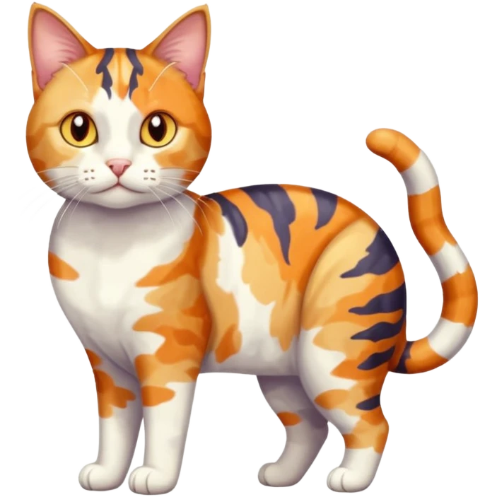 full body anxious looking colourful light calico tabby cat with large patchy patterns emoji