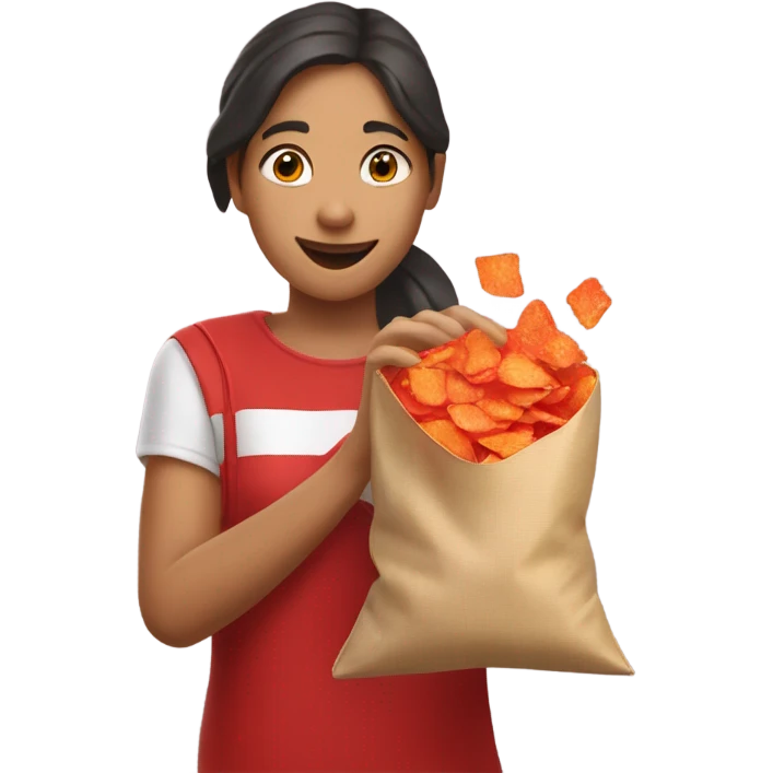 A girl reaching her right hand into a bag of red crisps emoji