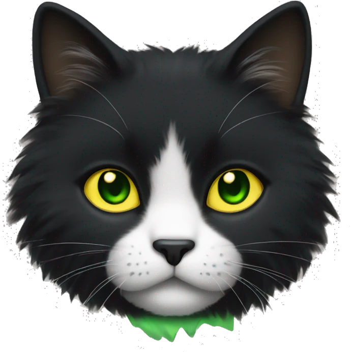 A black fluffy cat with green-yellow goaz and a white chin emoji