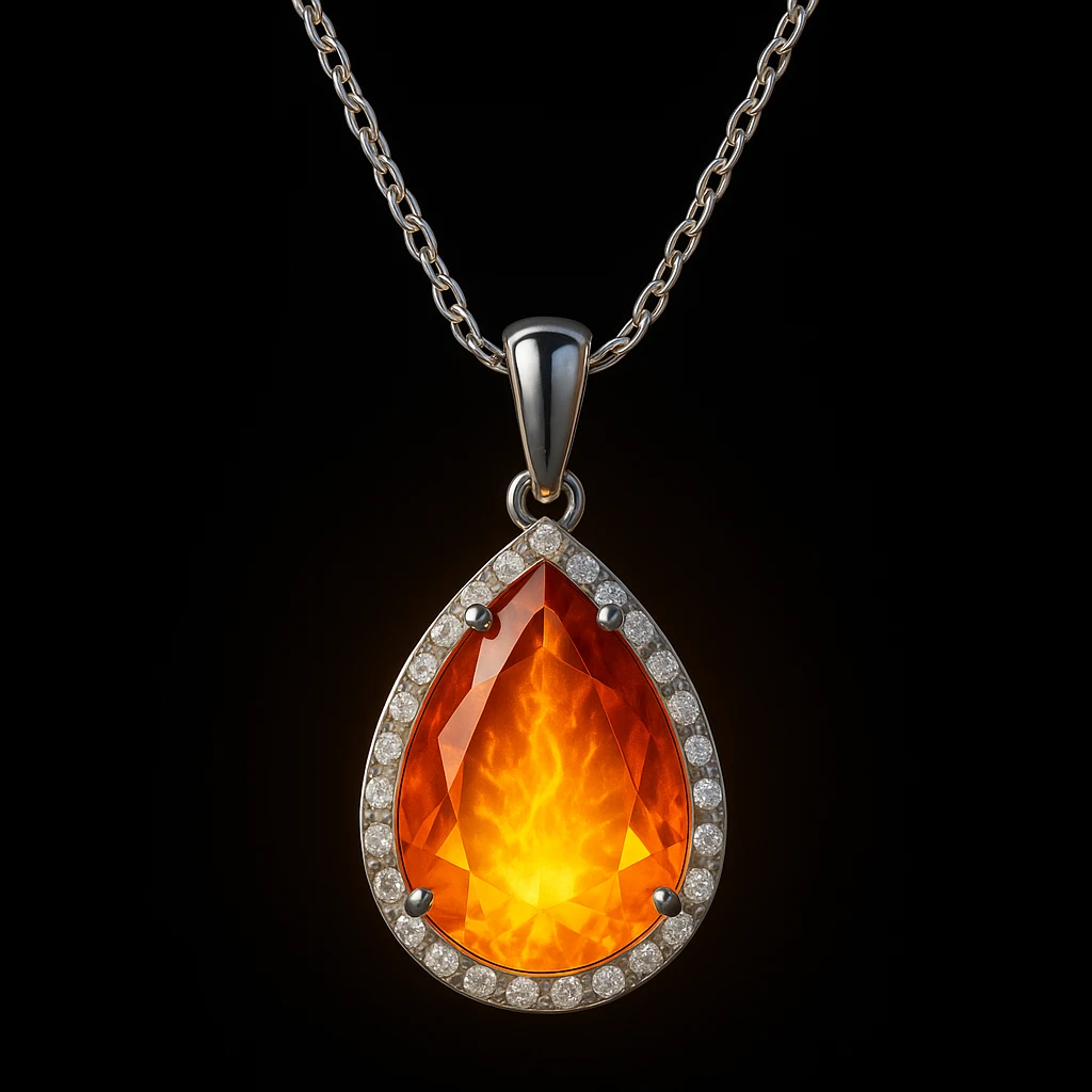 Add a yellow fiery light to the teardrop ruby pendant, representing transformation and rebirth emoji