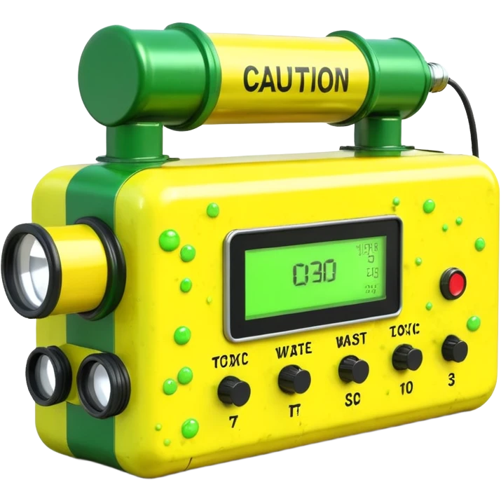 3D render of Geiger Counte, toxic waste aesthetic, neon green bubbling liquid, caution yellow metal, industrial warning texture. emoji