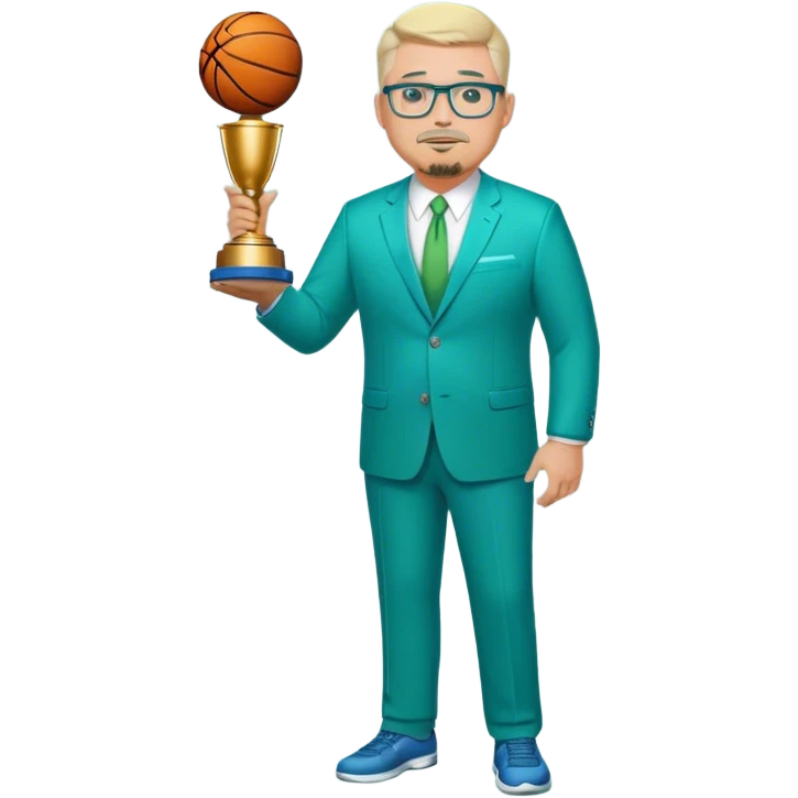 Full Body white fat male  wearing glasses with a goatee with light blonde gray very short hair basketball head Coach in blue and green suit holding trophy emoji
