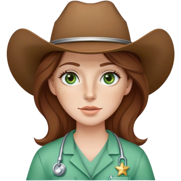 Pale Woman with brown hair and green eyes and freckles on her cheek bones wearing scrubs and a cow girl hat emoji