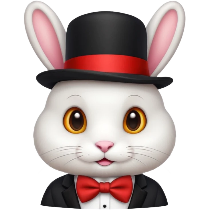 Cute emoji-style white bunny wearing a black top hat with a red band and a red bow tie, big round eyes, fluffy fur, clean mascot style, centered, transparent background, 1:1 ratio. emoji