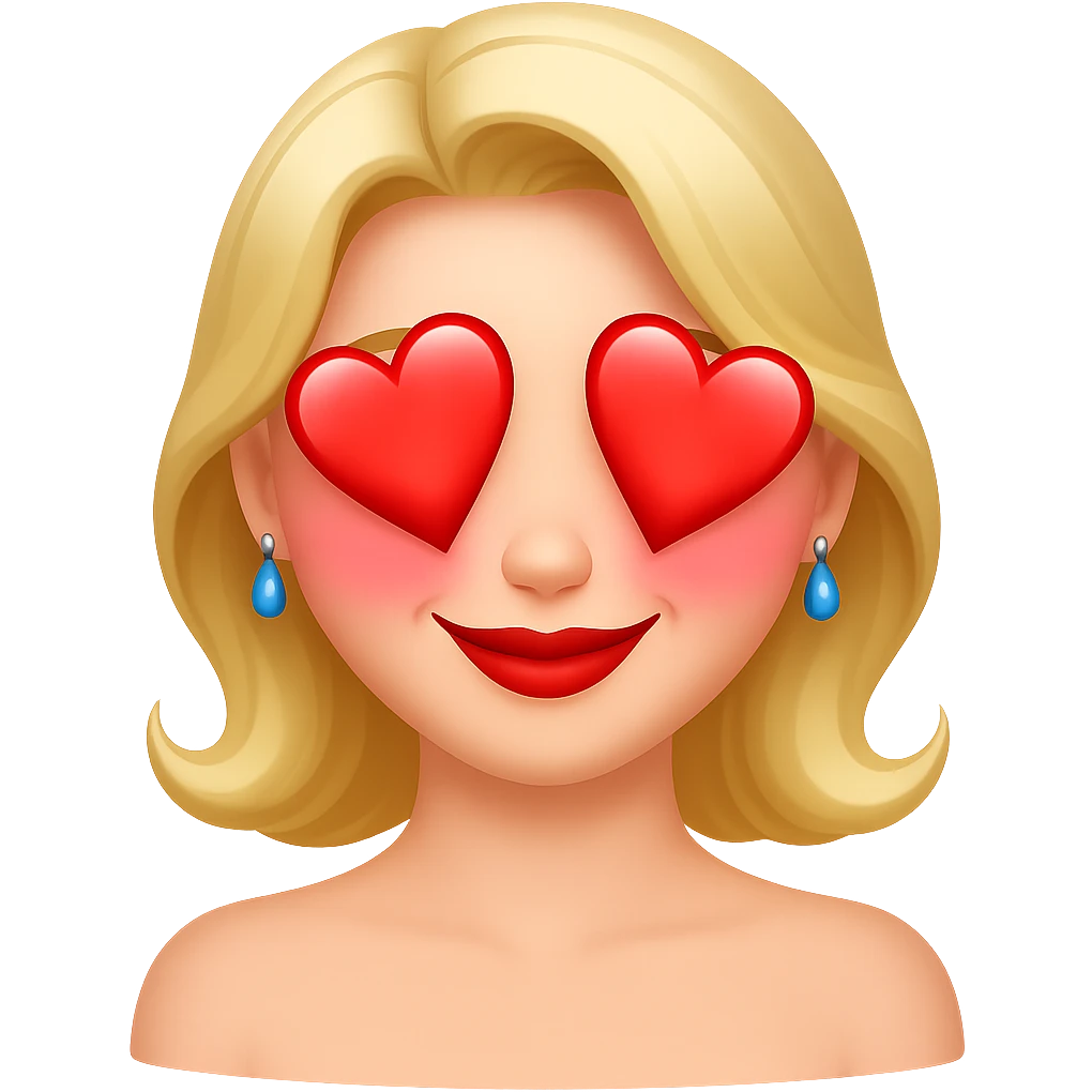 Change the facial expression of the character to a crush in love with heart eyes or blushing, keep the same style as the reference image, remove the background. emoji