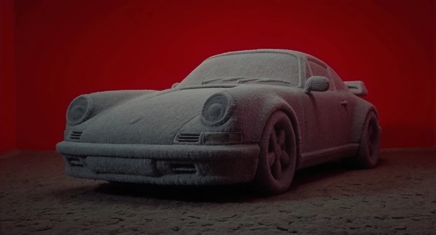 Medium shot of a porsche 911 made of carpet, red solid studio background, top soft light emoji