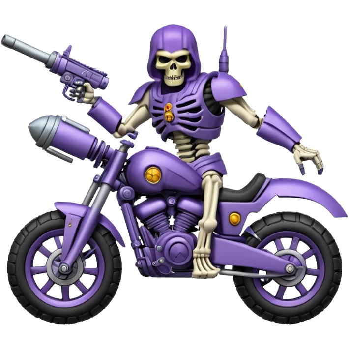  Four wheel skull-headed tank mech motorcycle with mechanical arms with guns, skeletor , active suspension , aggressive expression, shiny metal with minimal color accents, preserve all proportions, pose, and details emoji