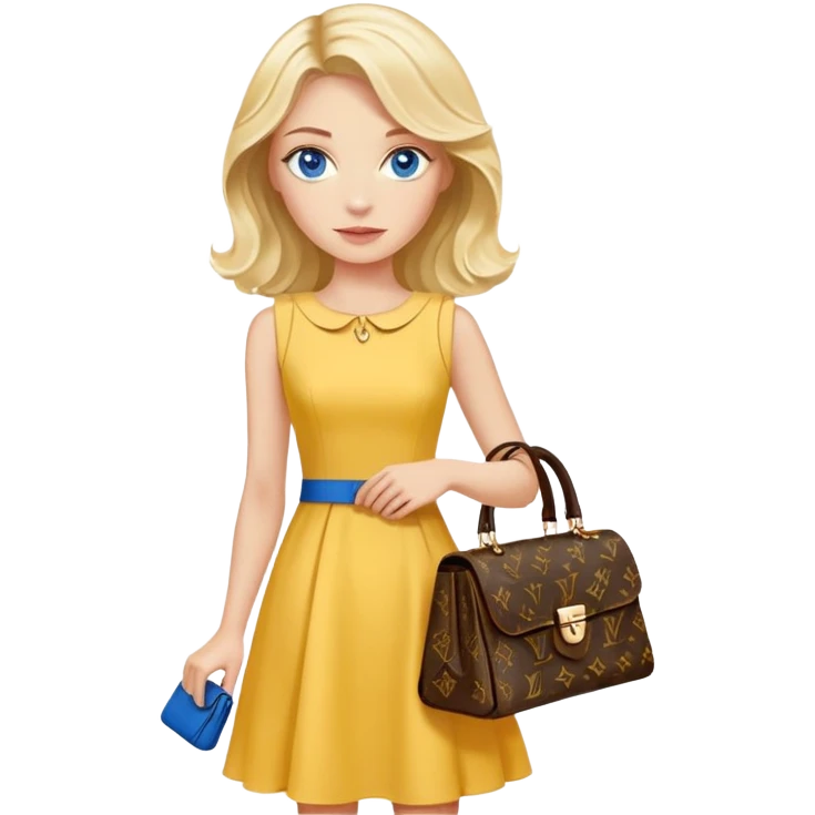 Blonde woman with blue eyes side part should length wavy hair carrying a lv handbag in a yellow dress emoji