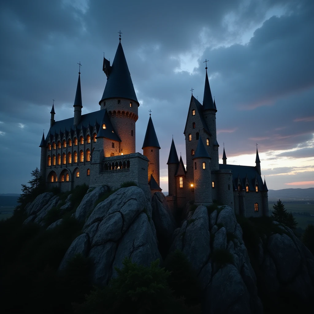 Hogwarts castle at dusk with dramatic lighting, photorealistic style, Harry Potter series emoji
