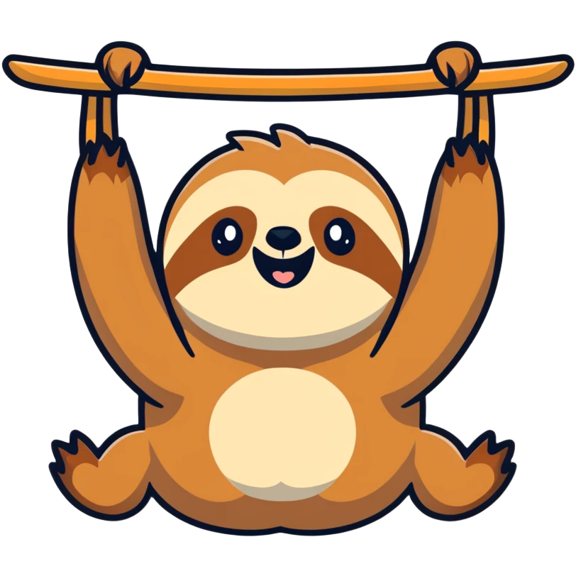 Adorable sloth hanging upside down with goofy smile emoji