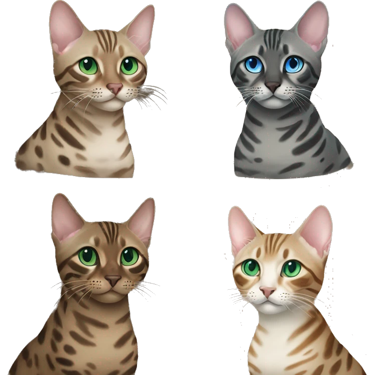 Seal Bengal cat with Blue eyes + charcoal Sepia bengal cat with Green eyes sit Next to each other  emoji