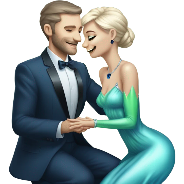 alien reptilian green skin woman, in long slim pastel blue formal party satin dress with gradient shiny sparkling navy blue diamonds embroidered , and caucasian man in black dres on his knees asks her to marry her emoji