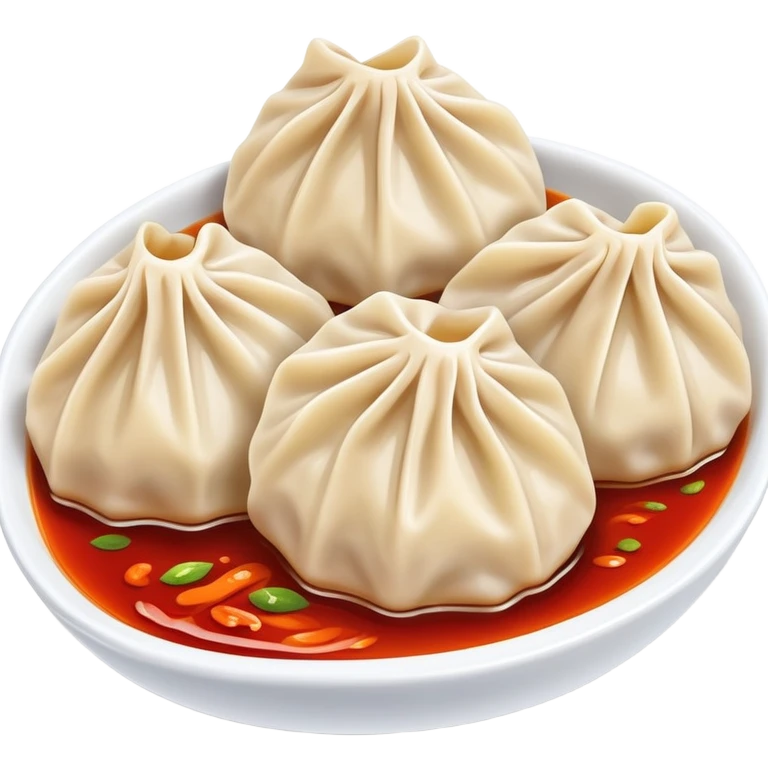 Chengdu Zhong dumplings with red oil sauce, simplified emoji style with bold outlines and bright colors, cartoon style Sichuan spicy water dumplings emoji