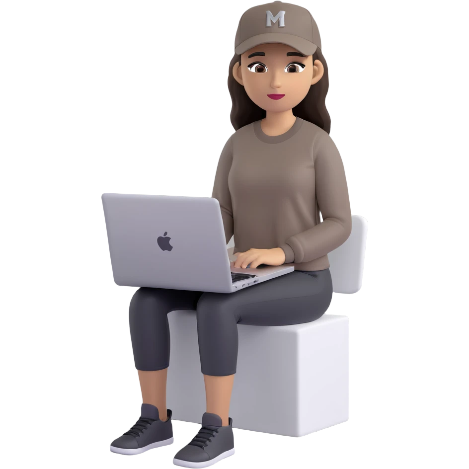 A professional 3D avatar of a young woman with olive skin and long, dark brown hair, wearing a dark, long-sleeved dark taupe shirt and a black baseball cap. She's sitting at a sleek wooden desk, typing on a silver MacBook. emoji