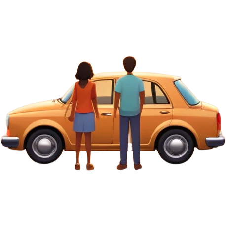 A parked car sits quietly on the side of an open road, facing a breathtaking sunset. Two people stand outside, backs turned, watching the horizon. The road stretches endlessly ahead, surrounded by a peaceful, glowing landscape full of light, warmth, and possibilit emoji