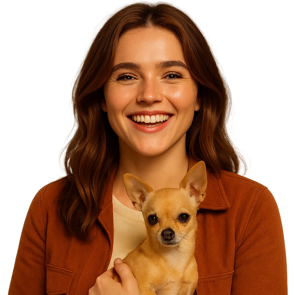 Portrait centered for Instagram profile picture, inspired by the facial features visible in the reference images, with a tanned complexion, subtle freckles, shirt color #FFF8CA, rust-colored jacket, medium-length brown hair with auburn highlights, euphoric and radiant expression, holding a beige-brown chihuahua, Netflix series style, transparent background, intimate Tenerife ambiance. emoji