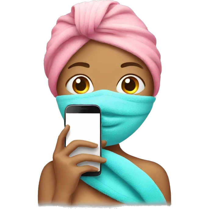 Woman holding a cell phone and wearing a towel on her head  emoji
