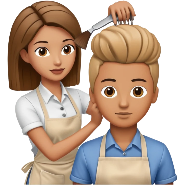 hair stylist wearing apron teaching student using mannequin head emoji