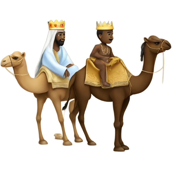 The three kings over camel with gift to the baby jesus one of them black person emoji