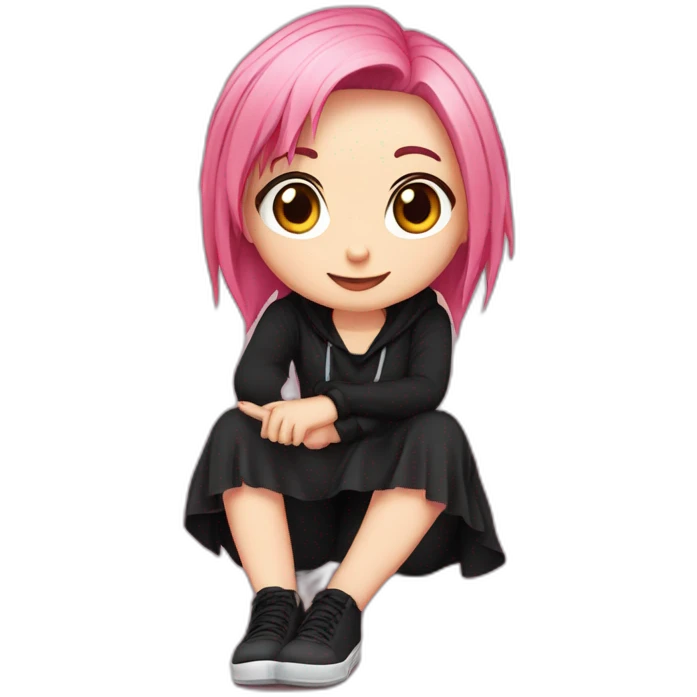 Full body Front view curvy emo girl pink hair sits on the floor straight view hands up black skirt полосатые рваные чулки emoji