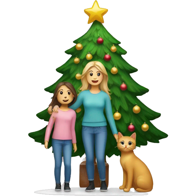A mother, daughter & cat standing by a Christmas tree emoji