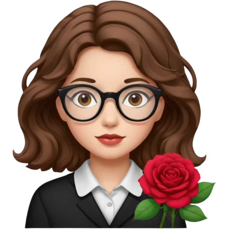 Una ragazza con capelli castani mossi e indossi occhiali neri e con una piccola rosa nella testa emoji