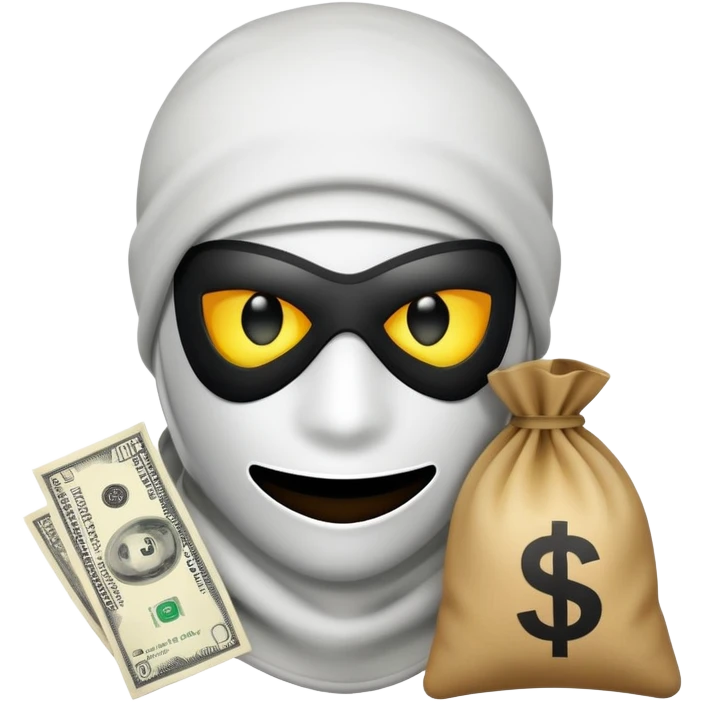 Ski mask holding money bag with white face like not the skin color white as #FFFFFF and glowing black eyes emoji