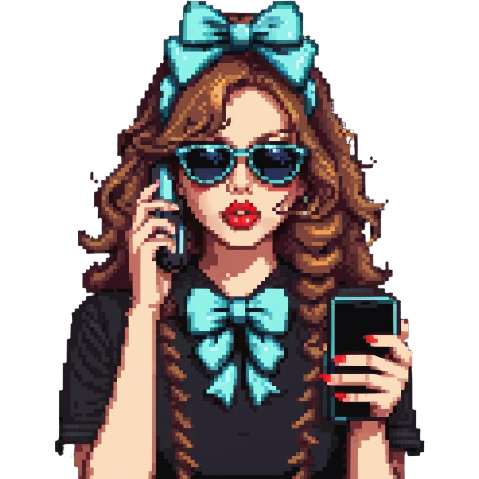 Girl with huge lips, sunglasses, bow on her hair, holding a phone with attitude emoji