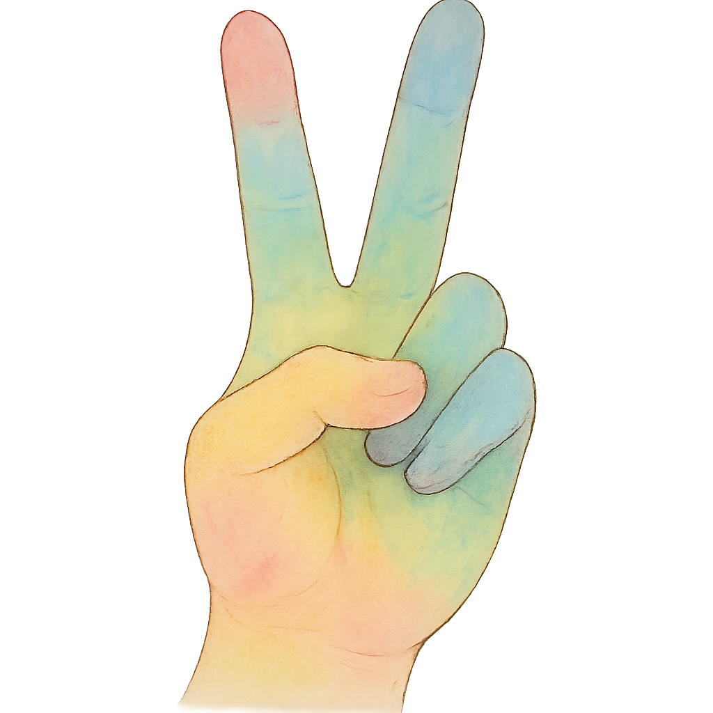 hand making a peace sign with a rainbow theme emoji