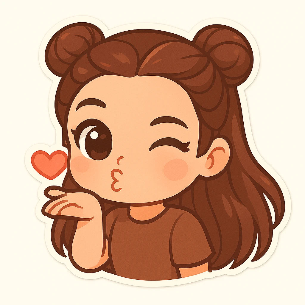 Create a chibi sticker of the girl blowing a kiss and winking, playful and sweet, featuring the double bun hairstyle as shown in the reference image. emoji