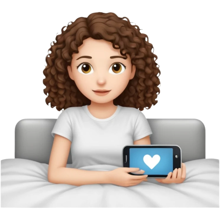 Draw a brunette girl with shoulder-length curly hair, lying on the bed watching TV.  emoji