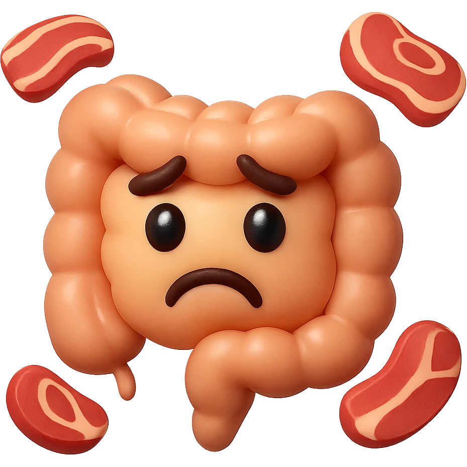 emoji stile iphone in 3d di un intestino triste con fette di carne che gli fluttuano intorno emoji