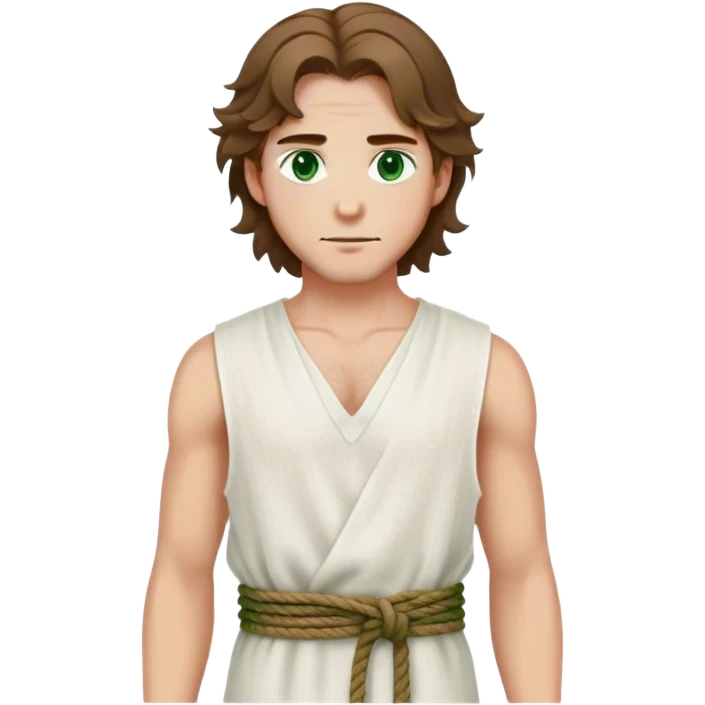 medieval summer outfit worn by a DnD themed fantasy male character. thin sleeveless linen tunic with a deep V-neck and a loosely tied rope belt. clothes only above the waist. The clothes full waist. The character's haven't arms. character is white-skinned, brown hair, green eyes, shoulder-length wavy hair. emoji