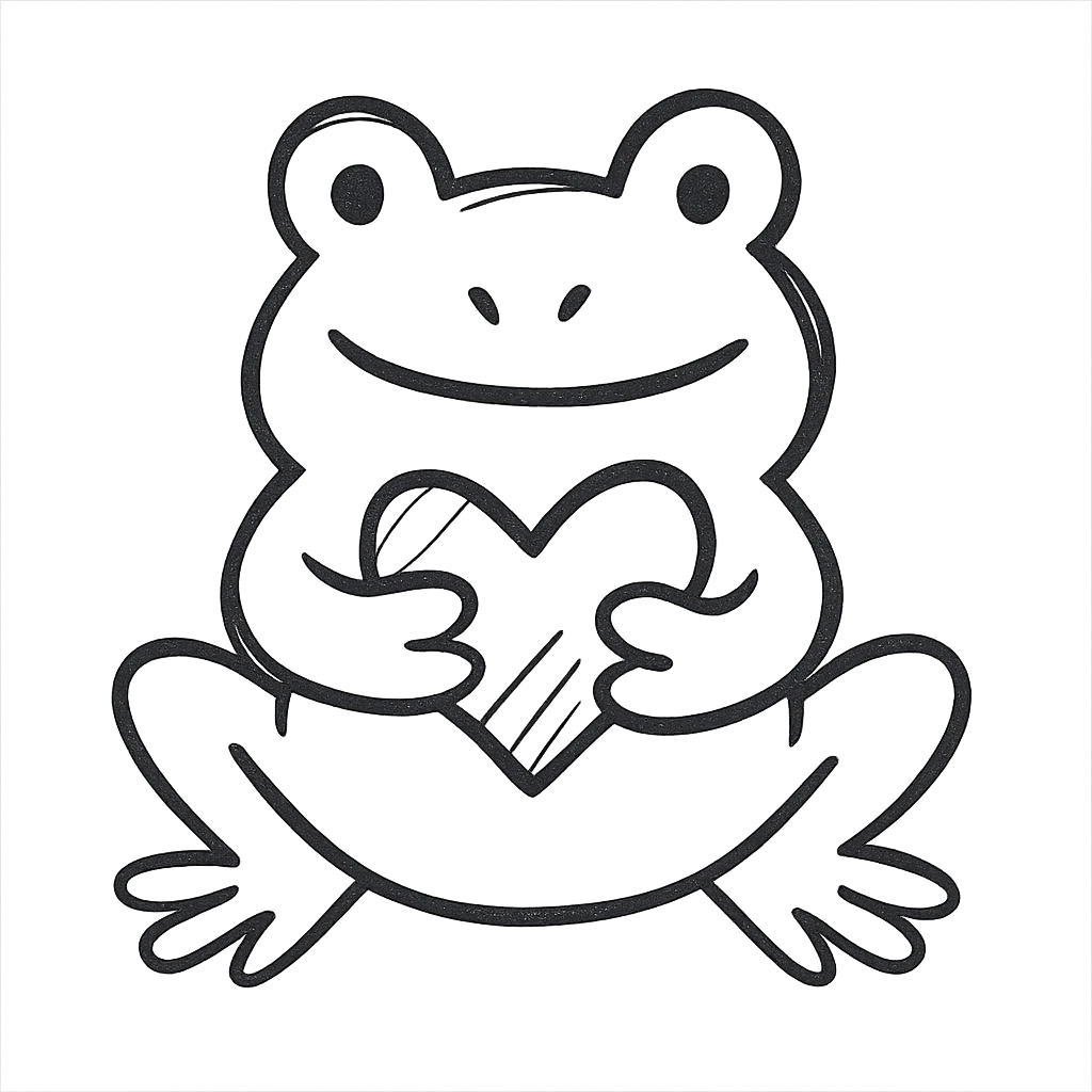 hand drawn frog holding a green heart, black outline style emoji