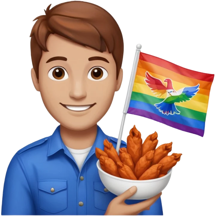 Guy with brown hair holding buffalo chicken wings and a gay pride flag emoji