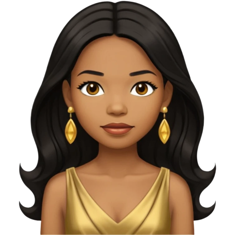 Michelle Williams R&B Singer, Long Black Hair, Medium Dark Skin, Brown Eyes, Gold Dress with earrings emoji