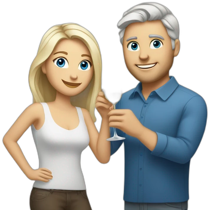 A white woman with brown eyes and blond medium long hair and a white man with blue eyes and grey hair, toasting with a glass of white wine emoji
