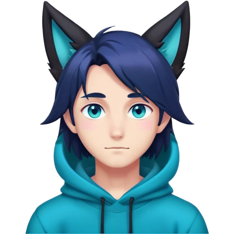 anime man with straight long dark-blueish-black-gradient hair, long black fox ears with pink Scapha, turquoise eyes, dark-blue-sweater emoji