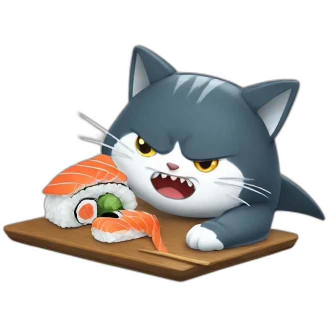 a very angry cat eating a sushi shark emoji