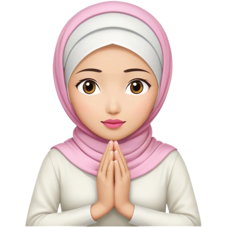 An Asian woman, white hijab women are listening with her hands folded on the table. her lips is pink. emoji