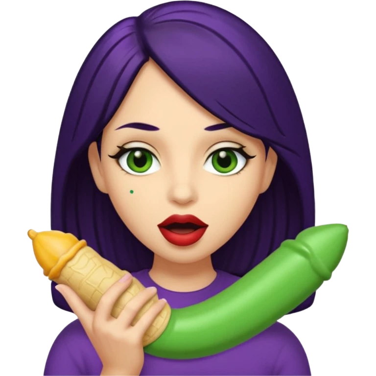 Big Puerto Rican skin colored dildo inside a juicy mouth  with blackish purple hair and Italian skin color with green almond shapes eyes, magical mouth with of mouth  emoji