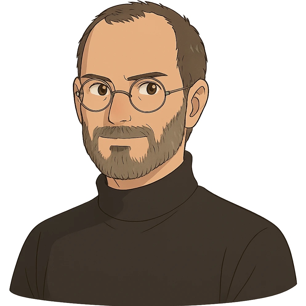 ghibli style portrait of Steve Jobs, wearing a turtleneck and round glasses, no background emoji