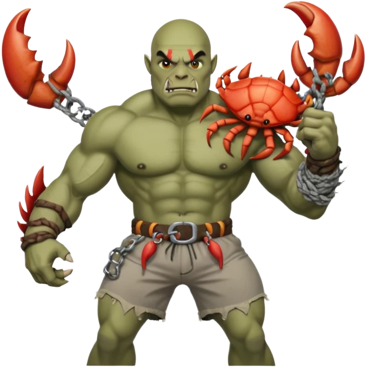 orc male flexing with giant crab. Torn net shorts, claw trophy belt emoji