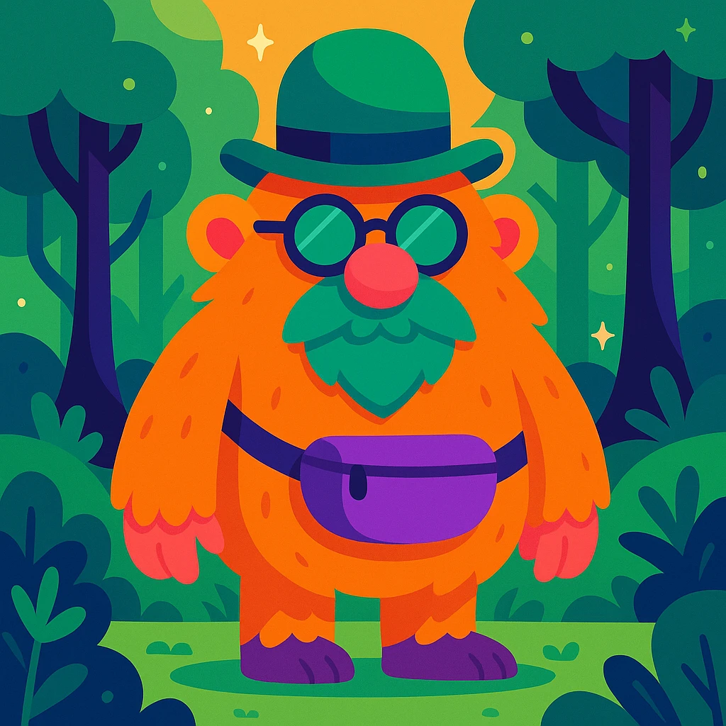 Create a new furry creature inspired loosely by the reference image, but with different facial features and unique accessories. Place the creature in a magical forest setting. Do not replicate the character exactly, use it only as loose inspiration. emoji
