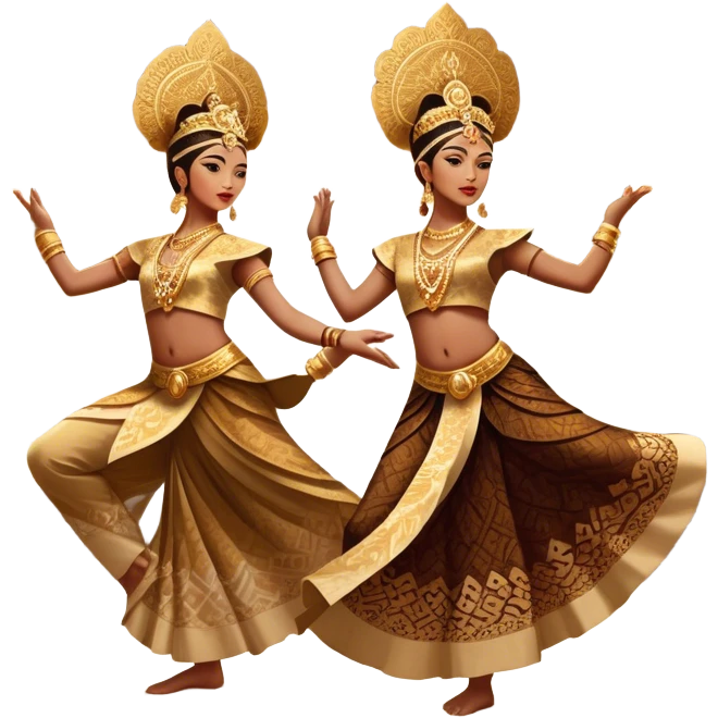 ​Cinematic Realistic Traditional Javanese Dancers, depicted as two graceful dancers in ornate traditional costumes with intricate batik patterns and elaborate headpieces, captured in dynamic poses during a ritual dance in an ancient temple courtyard, rendered with soft golden lighting and rich cultural textures, emoji